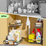 2-Tier Kitchen Under Sink Organiser Storage with Height Adjustable, Unique Slide Rail & Suction Cups V178-36080