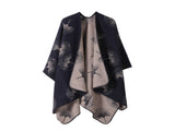 Premium Faux Cashmere Styling Wrap, Elegant Ginkgo Leaf Motif, Deep Navy Blue V1221-XM-LB2138-ZS57