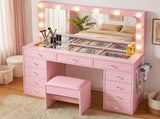 Artiss Dressing Table Charging Station LED Vanity Desk Set Stool Glass Top Make up Mirror Storage FURNI-L-DRESS08-PK-ABC