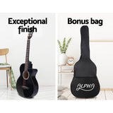 Alpha 38 Inch Acoustic Guitar Wooden Body Steel String Full Size Cutaway Black GUITAR-D-38-BK