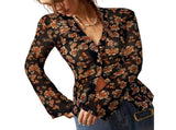 Button Down Shirts for Women Fall V Neck Long Sleeve Ruched Mesh Fitted Floral Print Boho Tops Red V1370-AZ4-10421