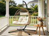Gardeon Foldable Outdoor Swing Chair with Stand Cushion Rattan Patio Furniture HM-EGG-ROPE-XD-S-YE