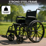Orthonica 24in Foldable Steel Wheelchair in Black Steel Frame Heavy-Duty Disability Aid WCR-MAS-025-BK