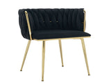 Set of 2 Velvet Upholstered Woven Dining Chairs with Golden Metal Legs, Black V1127-AU-DC01-BLK