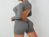 M Grey Backless Scrunch Butt Workout Jumpsuit - Long-Sleeve Open-Back Yoga Romper V888-ELOSUNG16877