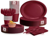 25 Guest Deep Red Disposable Tableware Set - 9 Inch and 7 Inch Paper Plates, Cups, Napkins and V888-ELOSUNG57091