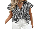 Womens Short Sleeve Shirts Plaid Button Down Blouse Casual Summer Business Gingham Work Tops Light V1366-AZ2-W-14408