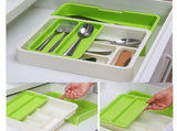Green Telescopic Cutlery Storage Tray, PP Plastic Organizer for Easy Utensil Storage and Kitchen V1370-AZ4-08792
