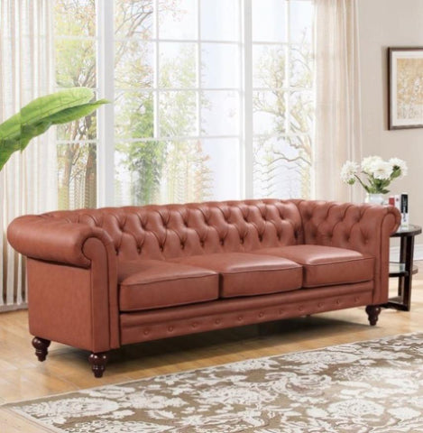 3 Seater Brown Sofa Lounge Button Tufted in Faux Leather V43-SOF-MDL3SBR