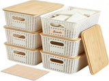 6 Pack Storage Baskets with Bamboo Lids, Plastic Woven Storage Bins, Stackable Organizer Baskets for V1237-ZY00B0DRJPY8BH