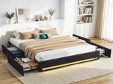 Artiss Double Bed Frame with Storage Drawers RGB Lights Charging Station Upholstered Fabric BFRAME-H-ZENO-D-BK-ABC