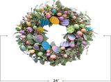 24 Inch Spring Easter Eggs Wreath with Lamb Ears Leaves for Front, Glitter Eggs Green Leaves V1258-DP02-C-2648