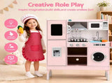 Keezi 102cm Wooden Pretend Kitchen Playset With Apron And Food Set1 Pink PLAY-WOOD-RANGHOOD-PK
