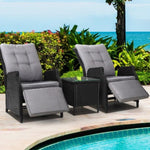 Gardeon 3PC Recliner Chairs Table Sun lounge Outdoor Furniture Wicker Adjustable Black ODF-RCL-RW-FT-3BK