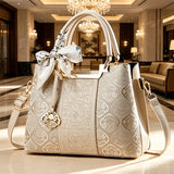 Crane Embroidered Handbag PU leather spliced with gold/silver thread crane pattern, silk scarf bow V1385-CXSTB-WU-1013-008