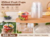 100 Pack Disposable Plastic Cups with Dome Cross Lids 8.45 Ounce Clear Round Fruit Containers for V1192-AZ-W-24188