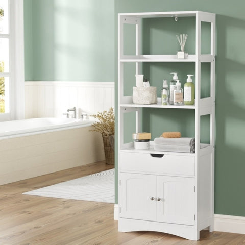 Artiss Bathroom Floor Storage Cabinet with 2 Drawers 3 Open Shelves 2 Doors White FUR-S-BATH-SHF01-WH