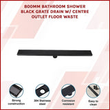 800mm Bathroom Shower Black Grate Drain w/Centre outlet Floor Waste V63-832911