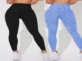 Seamless High Waisted Yoga Leggings 2 PCS Solid Black and Sand Washed Blue Size XL Moisture Wicking V888-ELOSUNG44838