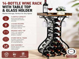 14-Bottle Floor Standing Wine Rack with 4 Glass Hanging Holder and Wooden Table Top Heavy Duty V888-ELOSUNG52748