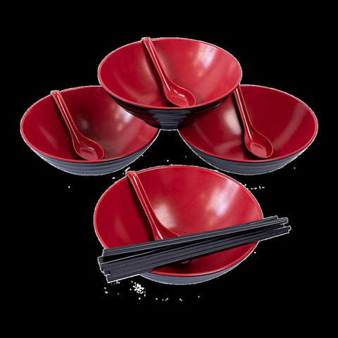 12 Piece Ramen Noodle Bowl with Spoon and Chopsticks Black Red V63-932061
