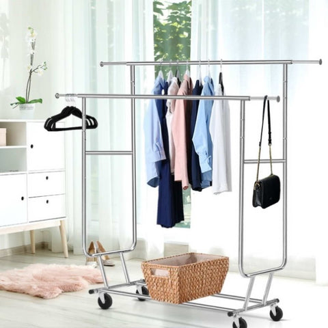 Artiss Clothes Rack Airer Double Rail Coat Stand Adjustable Hanger HANGER-1955A-D-SI