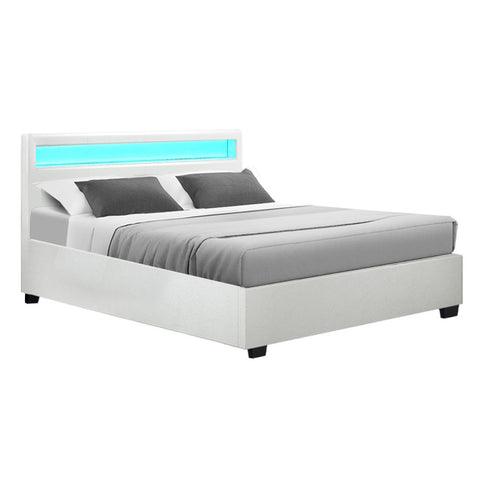 Artiss Bed Frame Queen Size LED Gas Lift White COLE BFRAME-E-COLE-Q-WH-ABC