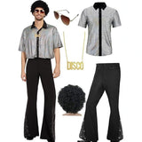 XL size Men's 70s Disco Costume Set - Silvery Plaid shirt with Black Bell Bottom Pants & V888-ELOSUNG56246-11