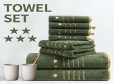 8-Piece Green Luxury Coral Fleece Bath Towel Set - Gold Star Embroidery Ultra Absorbent Soft Plush V888-ELOSUNG55373