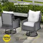 Gardeon 3PC Outdoor Furniture Bistro Set Lounge Wicker Swivel Chairs Table Cushion Grey ODF-B-RAN-ROAT-3PCS-GE-AB