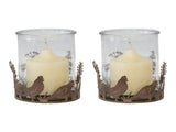 Set 2 Glass Candle holders in Low Rust Base w Chooks 10cm V637-52412CHK