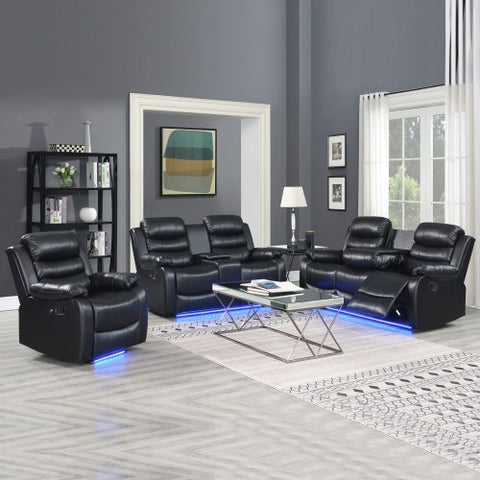 3-2-1 Seater Seater Finest Black Leatherette Recliner Feature Console LED Light Ultra Cushioned V43-SET-CHLS-3-2-1-BL