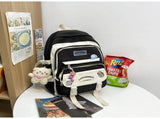 Women's Large Aesthetic Backpack Black Nylon Daypack with Cute Bear Plushie & Pins For High V888-ELOSUNG41086