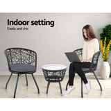 Gardeon 3PC Bistro Set Outdoor Furniture Rattan Table Chairs Patio Garden Cushion Black ODF-BISTRO-ROUND-BK