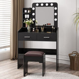 Diana Vanity Set with Shelves Cushioned Stool and Lighted Mirror- Black V264-TAB-717C-BLK-NA-1