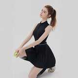 Black Size M Women's Tennis Dress - Pleated Skirt One Piece Sports Dress with Built In Shorts, Open V888-ELOSUNG57302-2