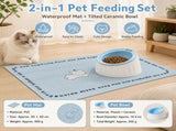 Pet Feeding Set - 15 Degree Tilted Ceramic Blue Bowl and Blue Non-Slip PVC Mat, Detachable Design, V888-ELOSUNG56041