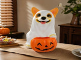 Halloween Ghost Corgi Candy Bowl, Cute Resin Puppy Statue With Pumpkin Treat Jar for Tabletop Home V1366-AZ2-W-13168