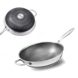 304 Stainless Steel 32cm Non-Stick Stir Fry Cooking Kitchen Wok Pan with Lid Honeycomb Double Sided V255-304-WOK-32-LID