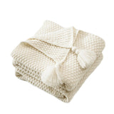 Knit Sofa Blanket - Beige Throw for Living Room, Office & Travel, Soft Wind Fringe Design, Machine V1366-AZ2-W-26394
