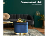 Artiss Ottoman Storage Foot Stool Round Velvet Navy FS-B-673-VEL-NA