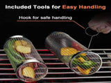 304 Stainless Steel Rolling Grill Basket Set with Removable Handle for Vegetables, Shrimp and V1189-LC-HW-00409