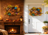 Fall Artificial Front Door Wreath with LED Lights, Pumpkins and Maple Leaves, Reusable Hanging V1366-AZ2-W-16034