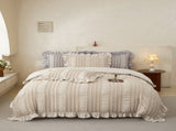 Beige Elegant Ruffle Seersucker Duvet Cover with 2PCS Pillow Shams - 3-Piece Vertical Stripe Clipped V888-ELOSUNG49372