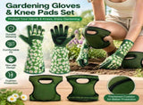 Green Garden Knee Pads and Gardening Gloves Set - Adjustable Neoprene Knee Protectors with Daisy V888-ELOSUNG56412
