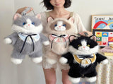 Black Adorable Plush Cat Backpack - Soft Furry Doll Bag with Zipper Compartment for Girls and Women V888-ELOSUNG36722
