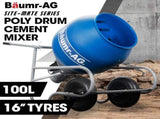 BAUMR-AG 100L Portable Poly Drum Cement Concrete Mixer, Ultra-Light 36kg, 16 Inch Tyres, Electric V219-TOLCCMBM1C0A