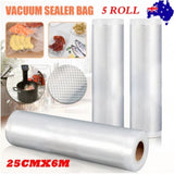 5 Roll VACUUM FOOD SEALER BAGS SAVER SEAL ROLLS STORAGE COMMERCIAL HEAT GRADE 25CMX6M V201-W12783755