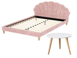 Artiss Double Bed Frame and Round Coffee Table Set Pink Velvet Bedhead with Wooden Side Table BFRAME-SET-COFI338-WD