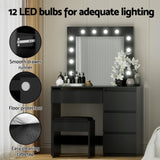 Artiss Dressing Table Set Stool 12 Led Bulbs Black FURNI-Q-DRESS01N-LED-BK-AB